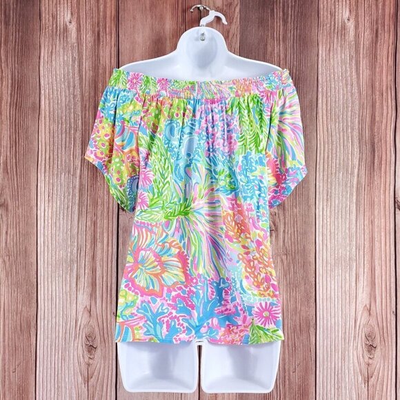 Lilly Pulitzer Almeria Womens Medium Lovers Coral Stretch Off the Shoulder Top - Picture 4 of 11